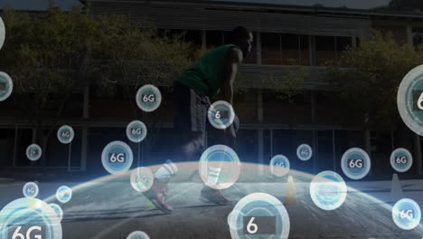 playing basketball with 6g technology animation overlay in outdoor court