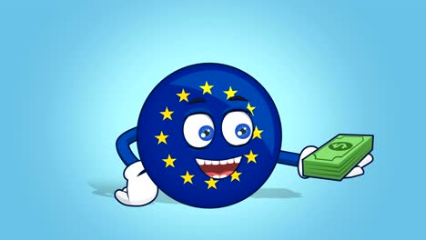 cartoon european union icon flag dollar money in hand with face animation