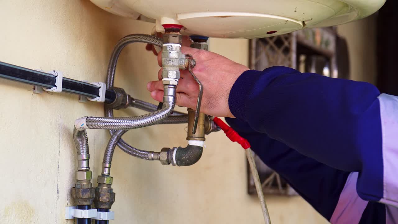 persona que maneja algunas tuberías de un calentador de agua eléctrico con una llave