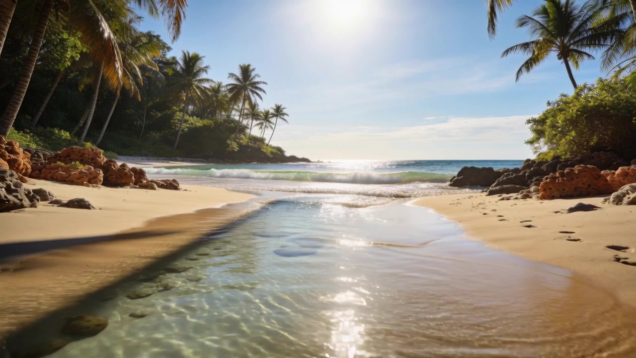 Canal de maré ensolarado escoando em direção ao mar em praia tropical, com as ondas entrando na foz e criando ondulações.