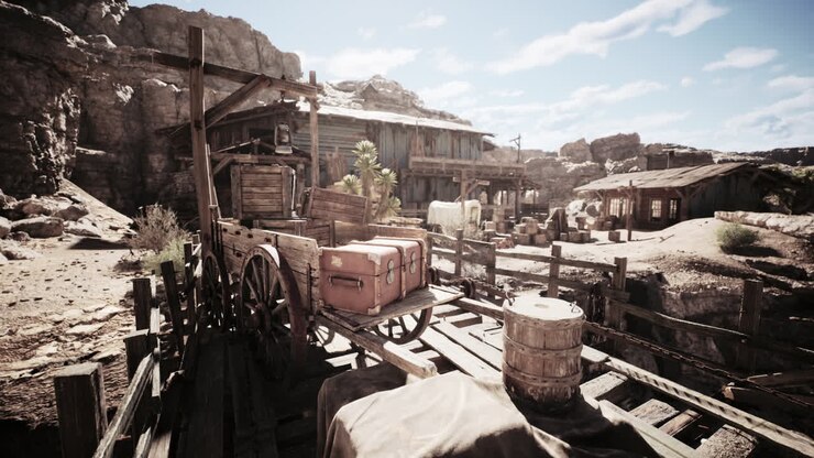 Old western town with a wooden cart loaded with luggage during daylight