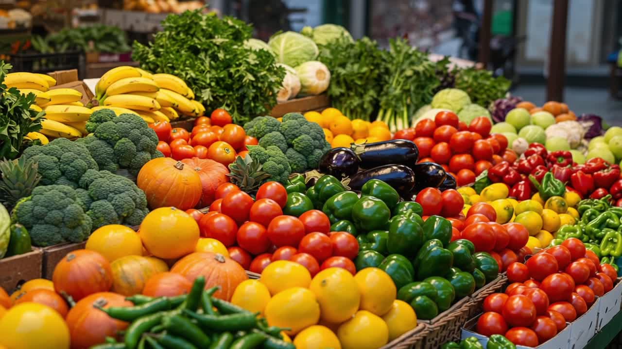 Vibrant Display of Fresh Fruits and Vegetables at a Market Stall with a Colorful Array of Seasonal Produce Including Greens, Tomatoes, and Exotic Varieties
