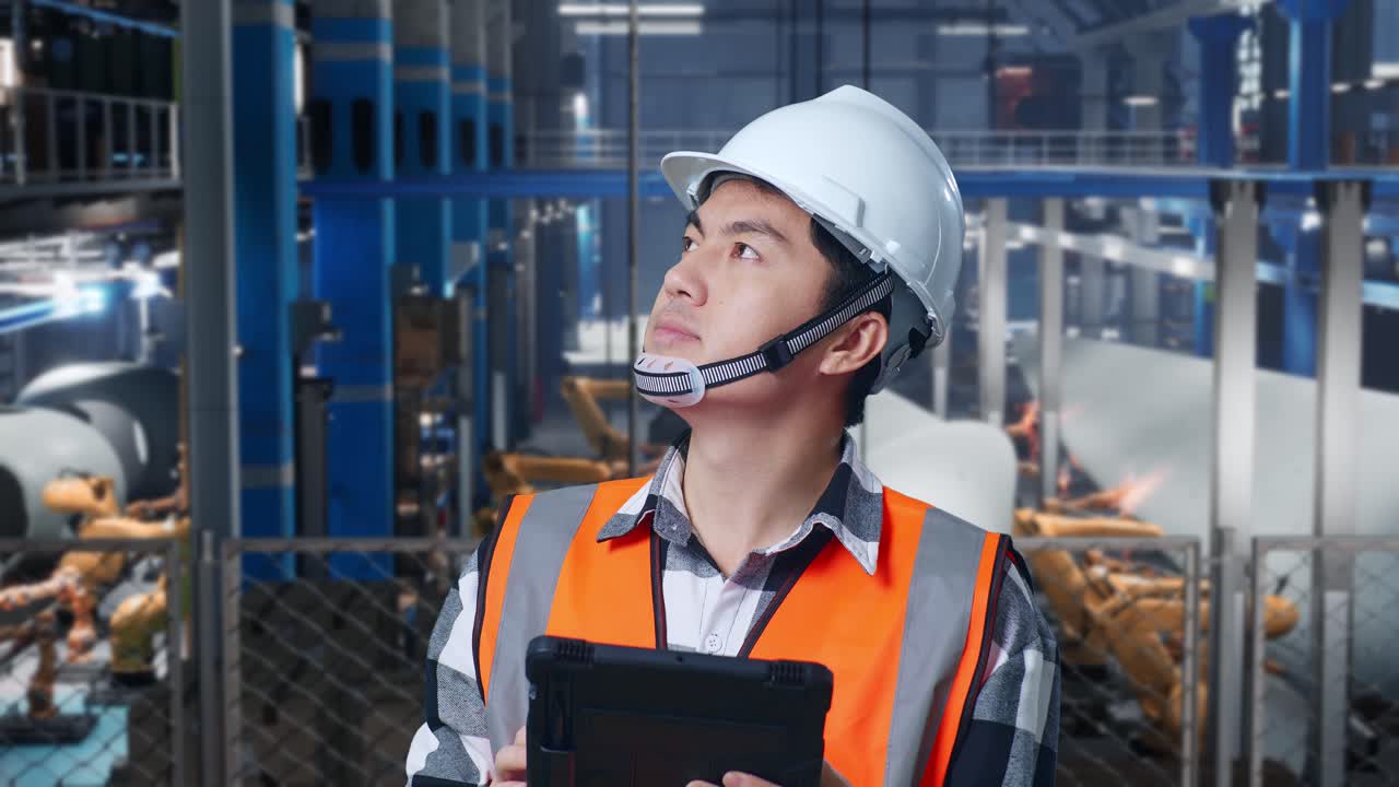 安全ヘルメットをかぶったアジア人男性エンジニア手にタブレットを持って風力タービンの製造工場に立っている間周りを見回しています