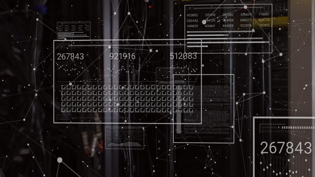 Digital data processing animation over computer servers with network connections