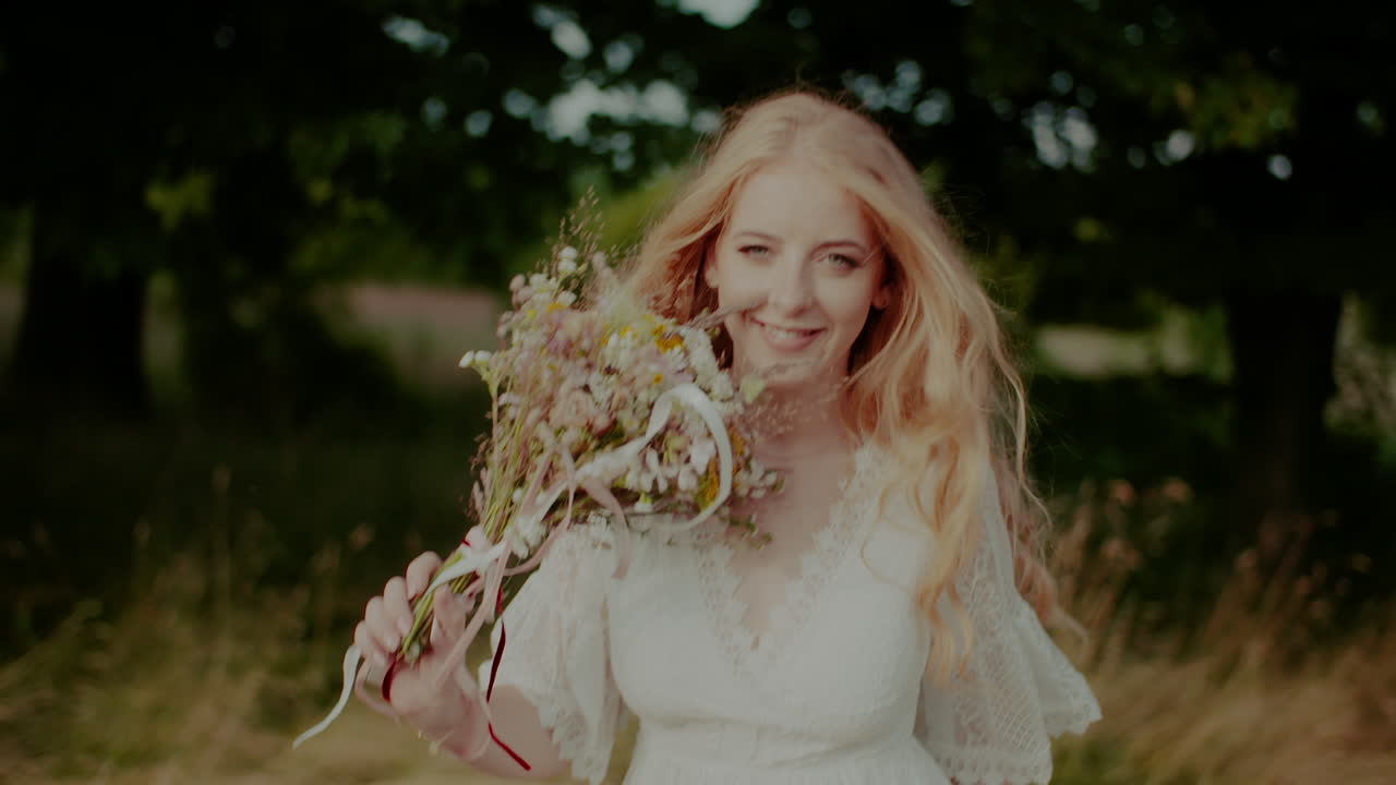 아름 다운 웃는 금발 여자 걷고 카메라 3을 찾고