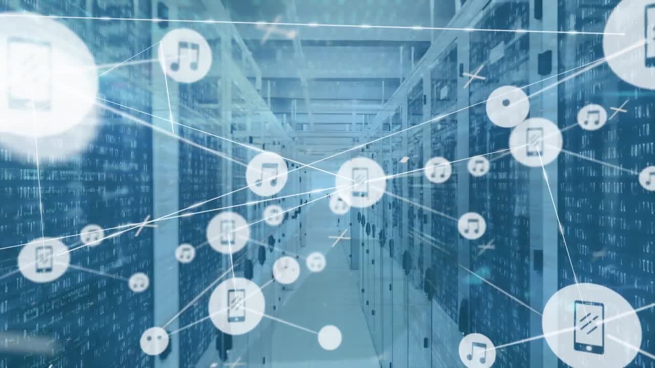 Animation of network of connections with icons and data processing over server room