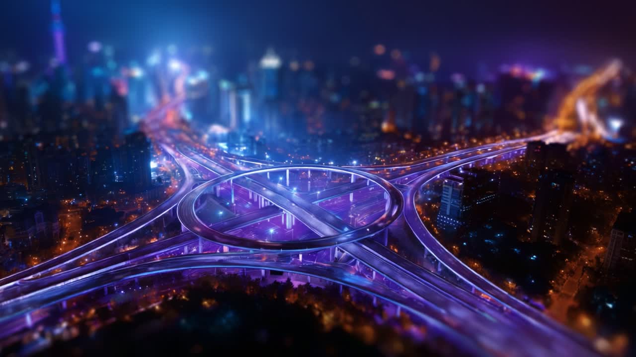 Una straordinaria vista aerea di un moderno svincolo autostradale di una città di notte, che mette in mostra luci colorate e strade complesse in un abbagliante ambiente urbano