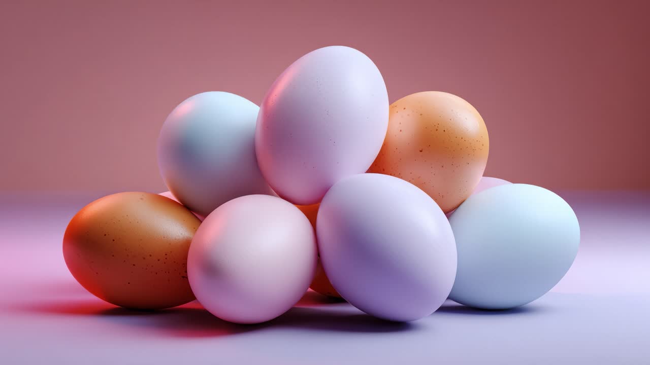 A Colorful Pile of Eggs: A Soft and Playful Arrangement of Pastel and Earth-Toned Eggs Beautifully Stacked Against a Gradient Background