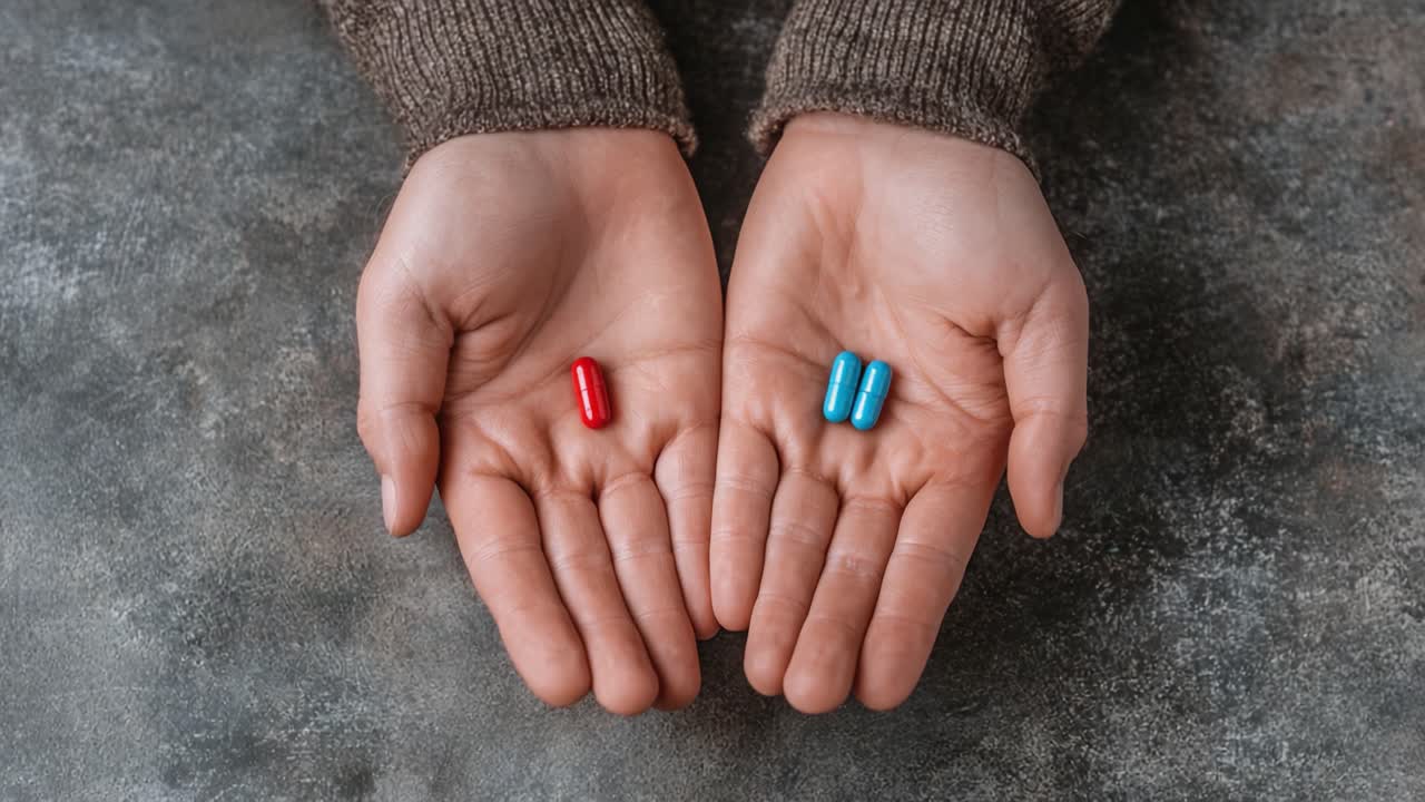 Primo piano di due mani che tengono capsule rosse e blu, illustrando scelte o decisioni relative a farmaci o opzioni di trattamento in uno scenario riflessivo.