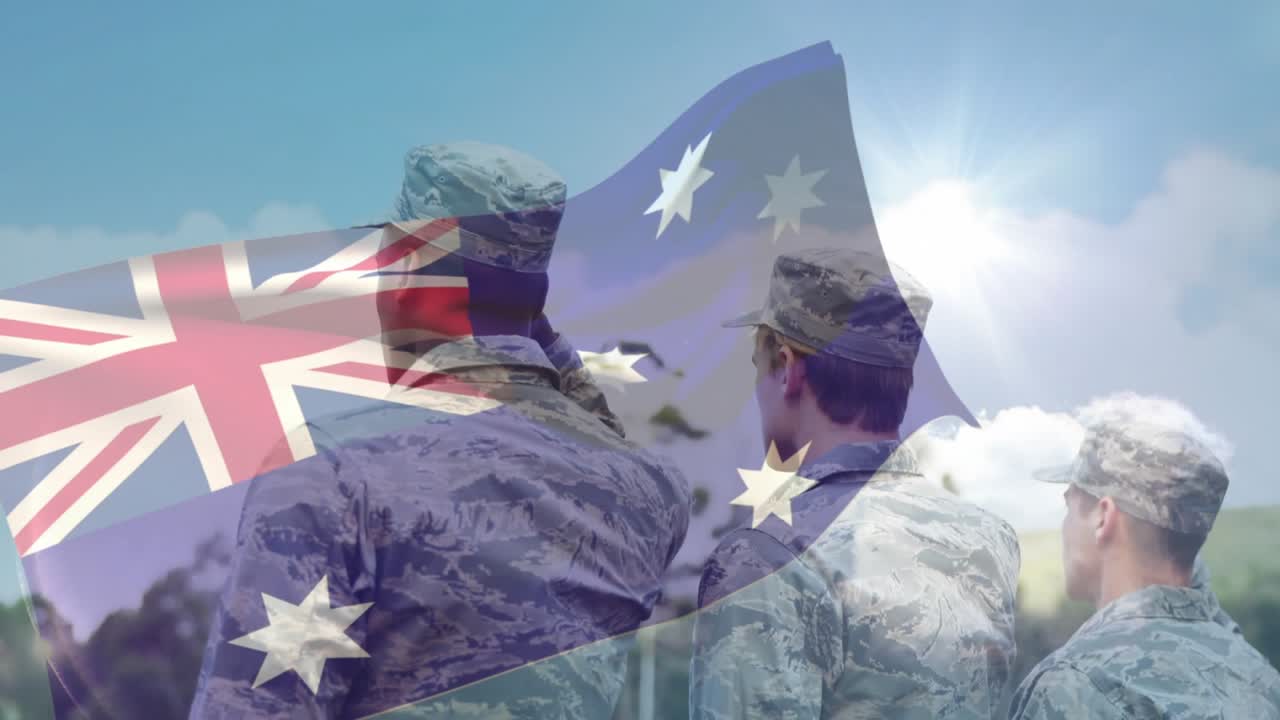 Military trio standing field, AU flag overlay rippling, sun glowing causing center trooper pointing
