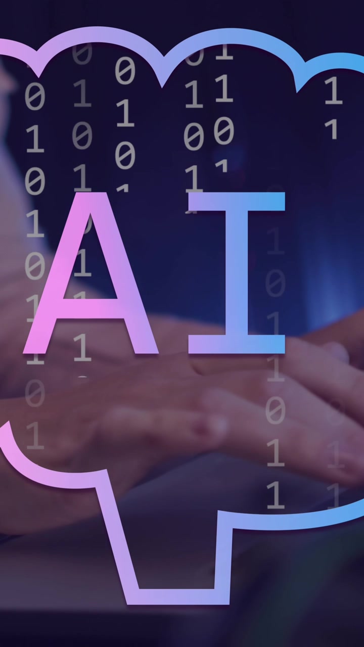 Animation of ai text, icons and data processing over caucasian woman using computer