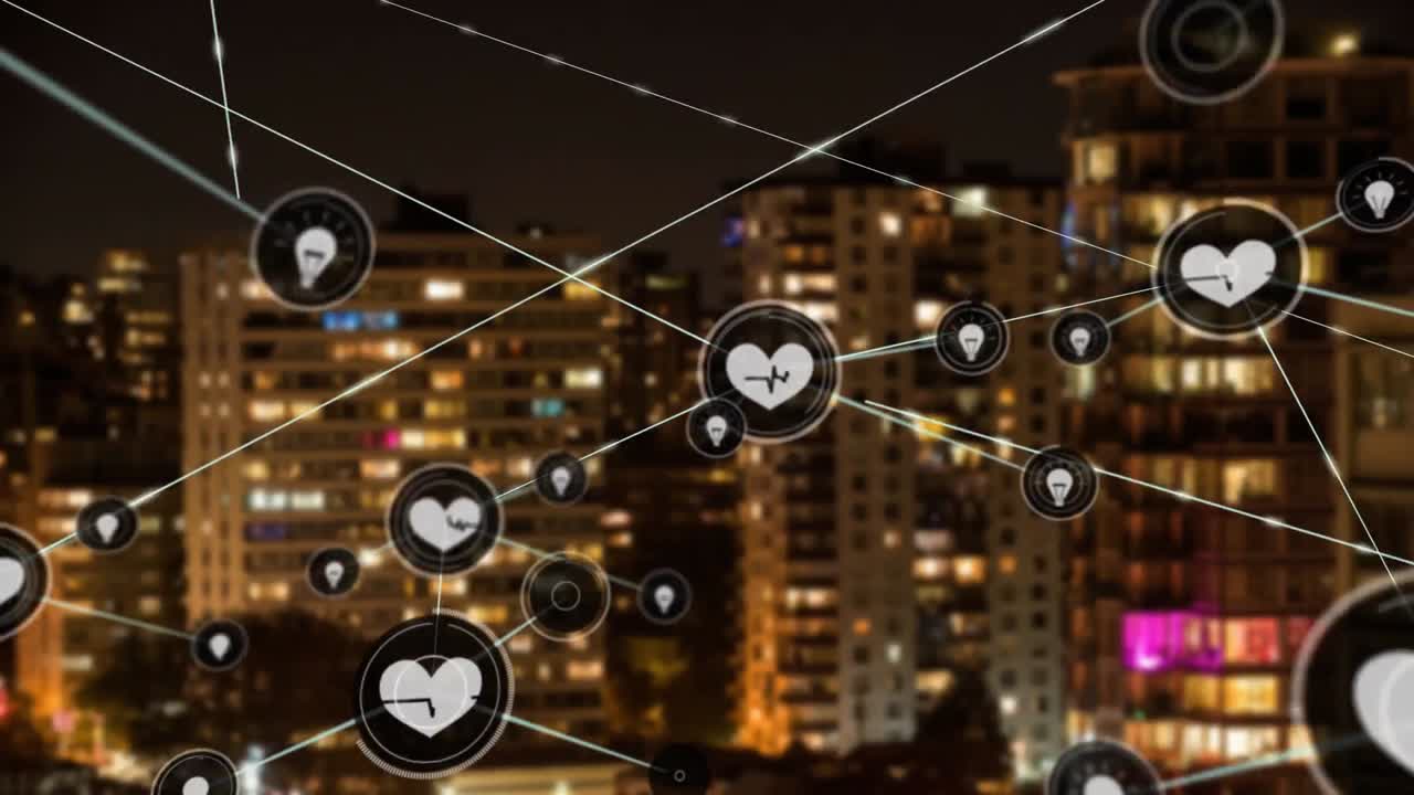 animación de una red de iconos digitales contra una vista aérea de edificios altos por la noche.