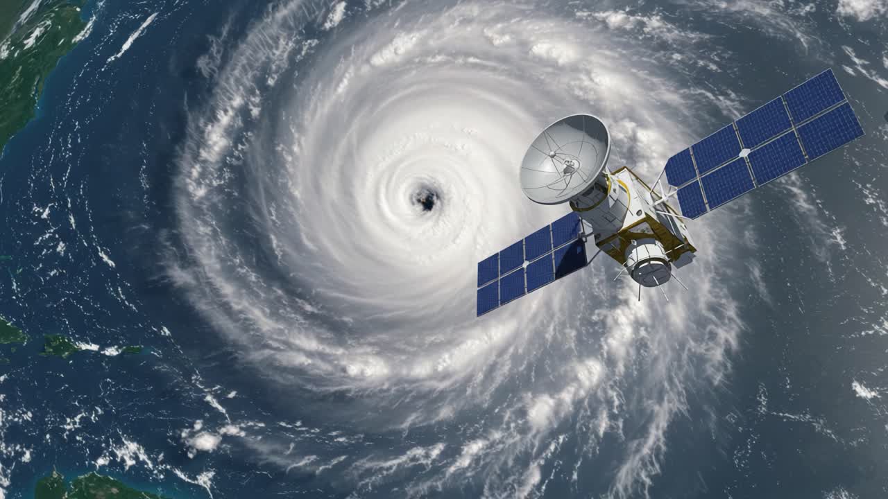 A satellite captures stunning imagery of a powerful hurricane as it churns over the ocean, revealing intricate dynamics of this natural phenomenon from space