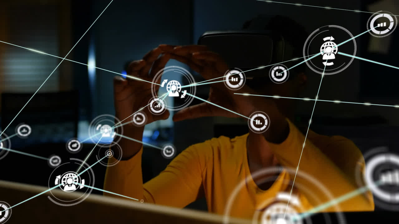 Animation of networks of connections and businesswoman wearing phone vr headset