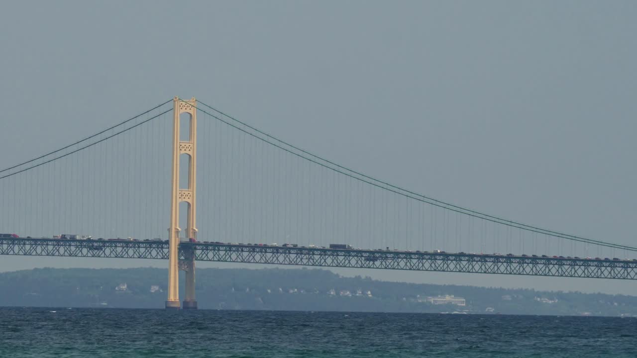 Close Telephoto Shot of Mackinac Bridge in Northern Michigan with Traffic