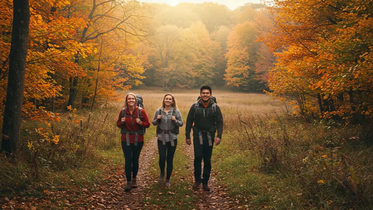 Friends hiking through an autumn forest