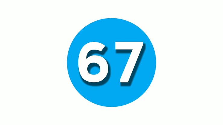Numero 67 sessantasette, simbolo animato in motion graphics su sfondo blu con cerchio bianco, numero video animato 4k per elementi video.