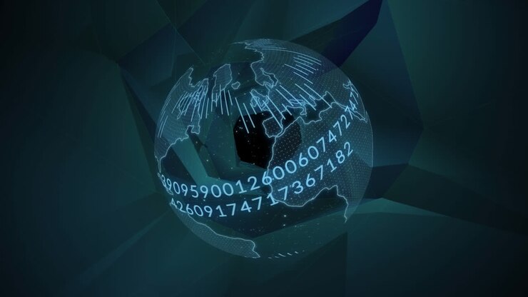Animation of globe with numbers over digital space with shapes
