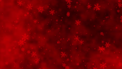 confeti rojo, copos de nieve y luces bokeh en el fondo rojo de navidad