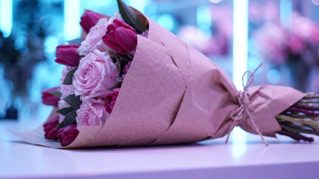 Yumuşak Aydınlatma Altında, Aydınlık Bir Masa Üzerinde Kahverengi Kağıda Sarılı, Pembe Güller ve Lalelerden Oluşan Güzelce Düzenlenmiş Bir Buket.