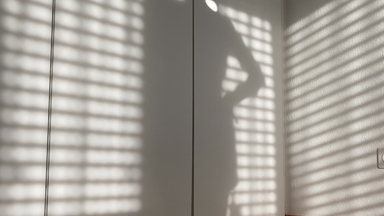 Shadow of blinds and a woman taking off her shorts and underwear, white wall and wardrobe.