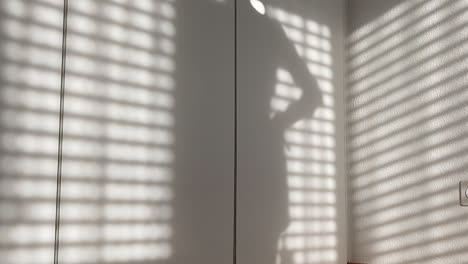 shadow of blinds and a woman taking off her shorts and underwear, white wall and wardrobe.