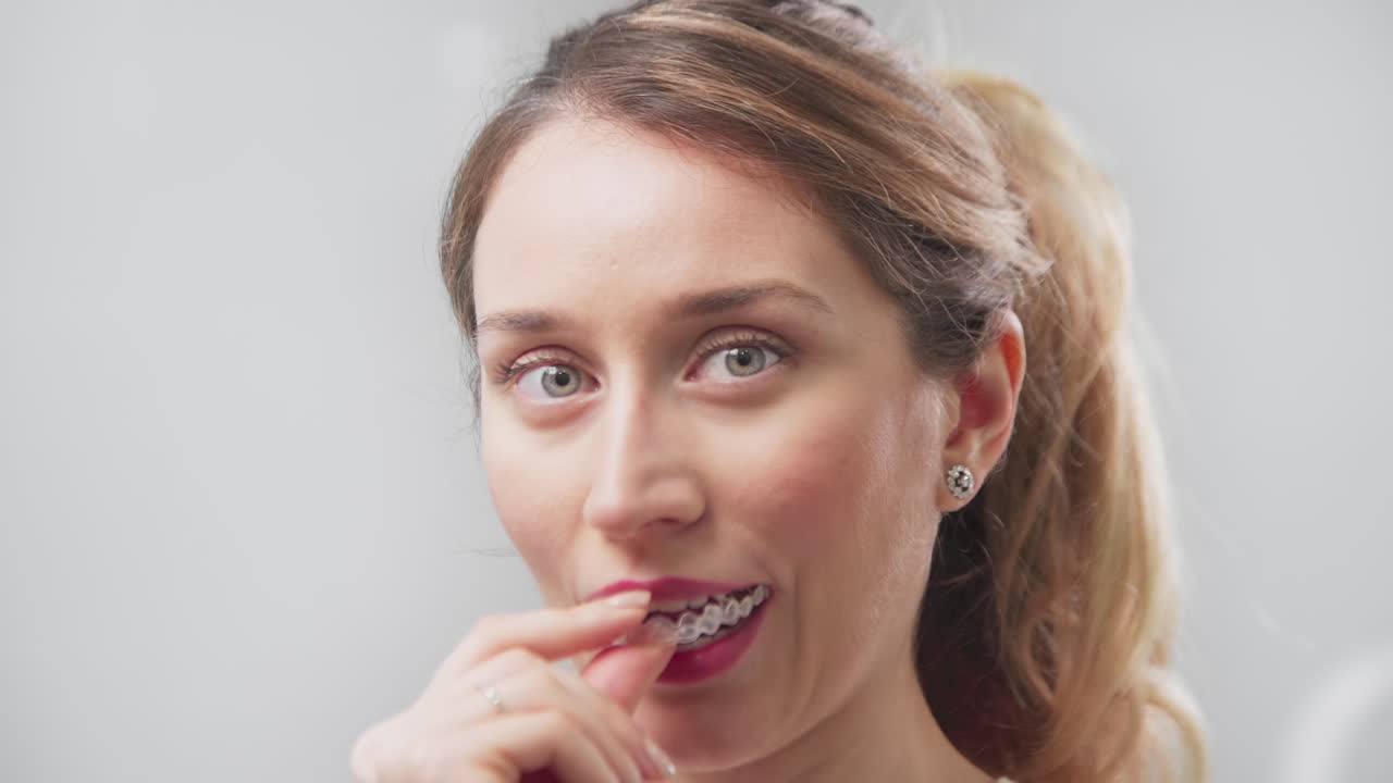 Portrait of a woman looking into the camera and taking off dental cap