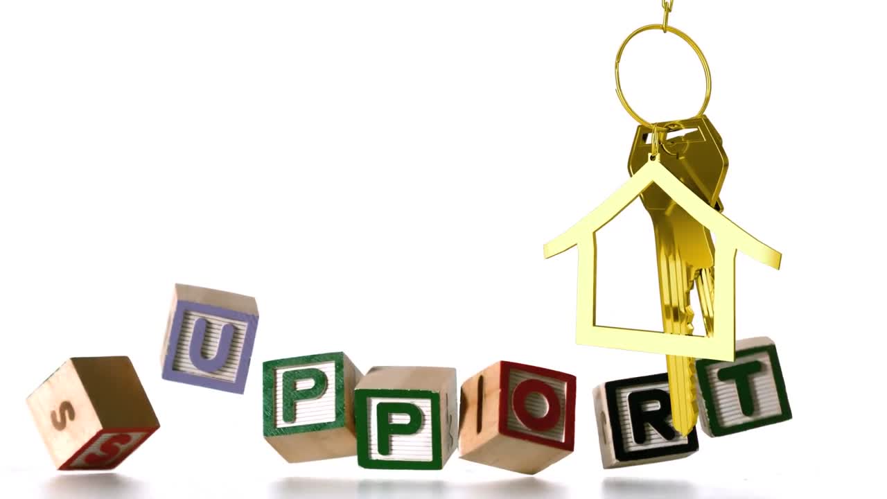 텍스트 지원과  ⁇  배경에 키를 가진 금색 집 모양의 나무 블록의 애니메이션