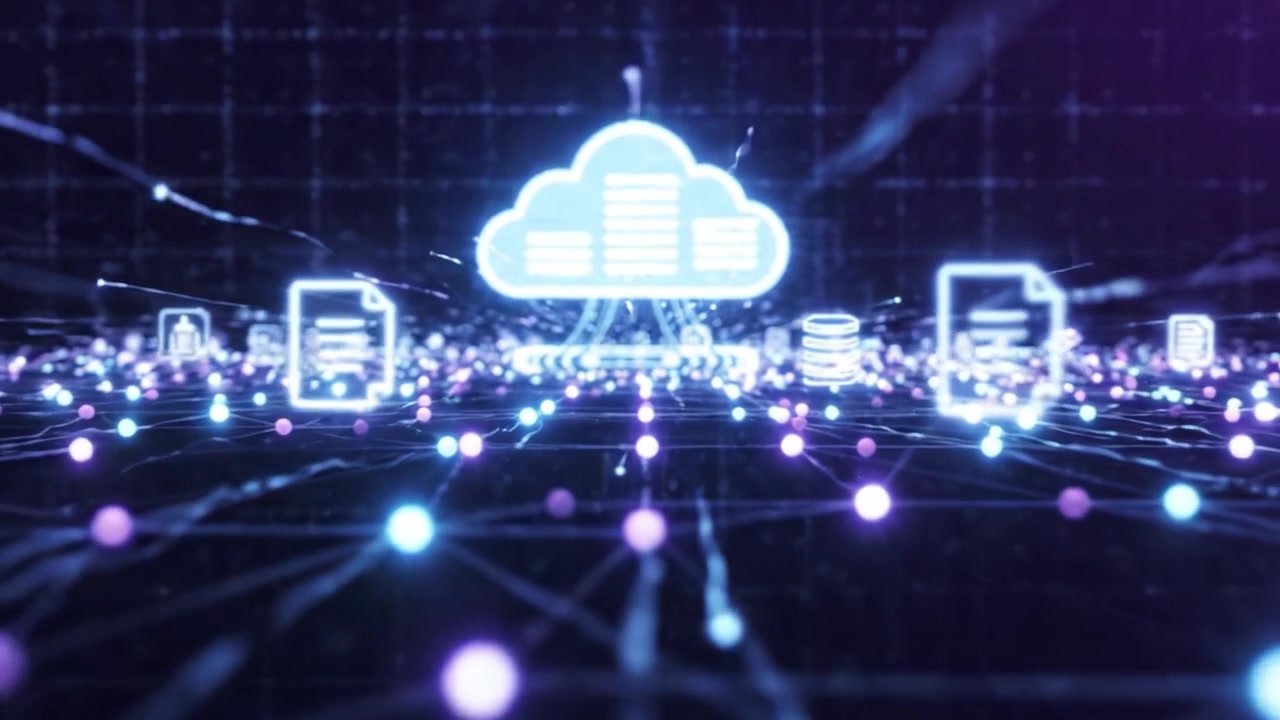Illuminated Network Waves: A Journey Through Data Streams and Cloud Connections in a Vibrant Digital Landscape with Dynamic Light Effects