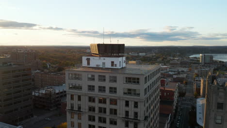 oscillating aerial wide angle of the time and temperature building in portland, maine