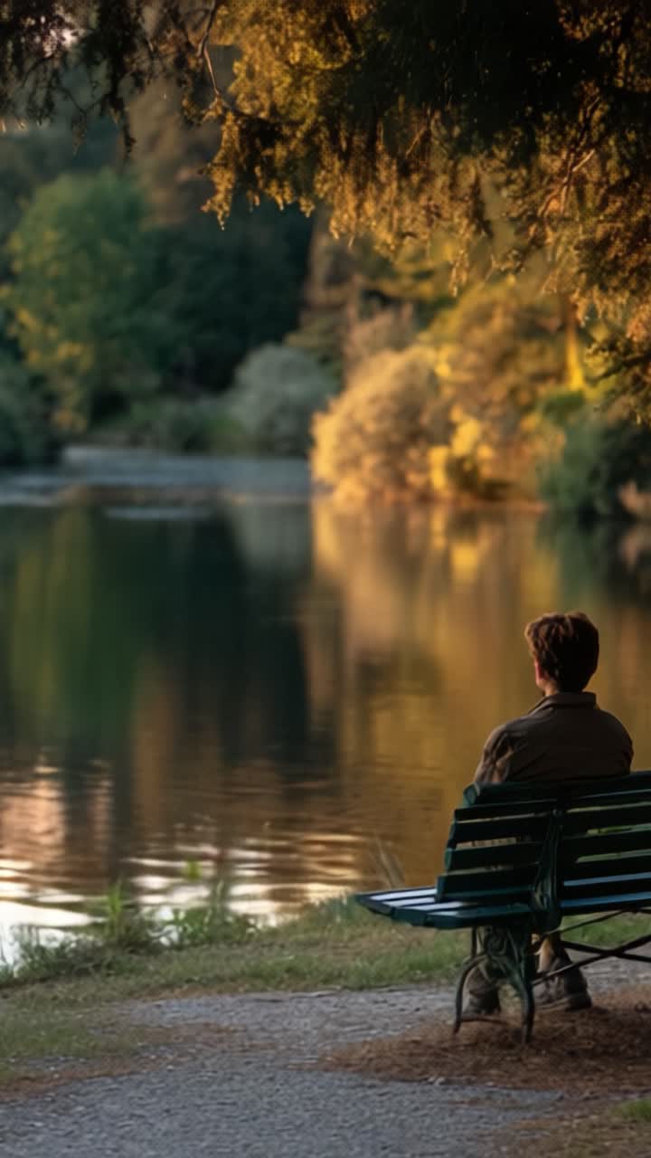 A Peaceful Evening by the Water: Reflection and Serenity as a Person Sits on a Bench, Surrounded by Nature's Tranquility and the Soft Glow of Sunset