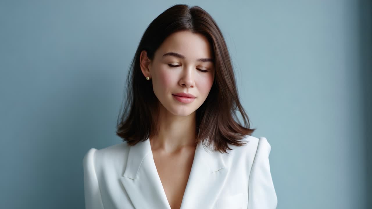 An Elegant Portrait of a Confident Young Woman Dressed in a Stylish White Blazer, Captured Against a Soft Blue Background, Exuding Poise and Grace