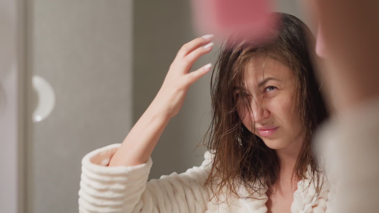 여성은 샤워실에서 하이테크 혈청으로 머리카락을 보습합니다. 매력적인 갈색 여성은 램프와 함께 가정 화장실에서 머리카락에 스프레이를 스프레이합니다.