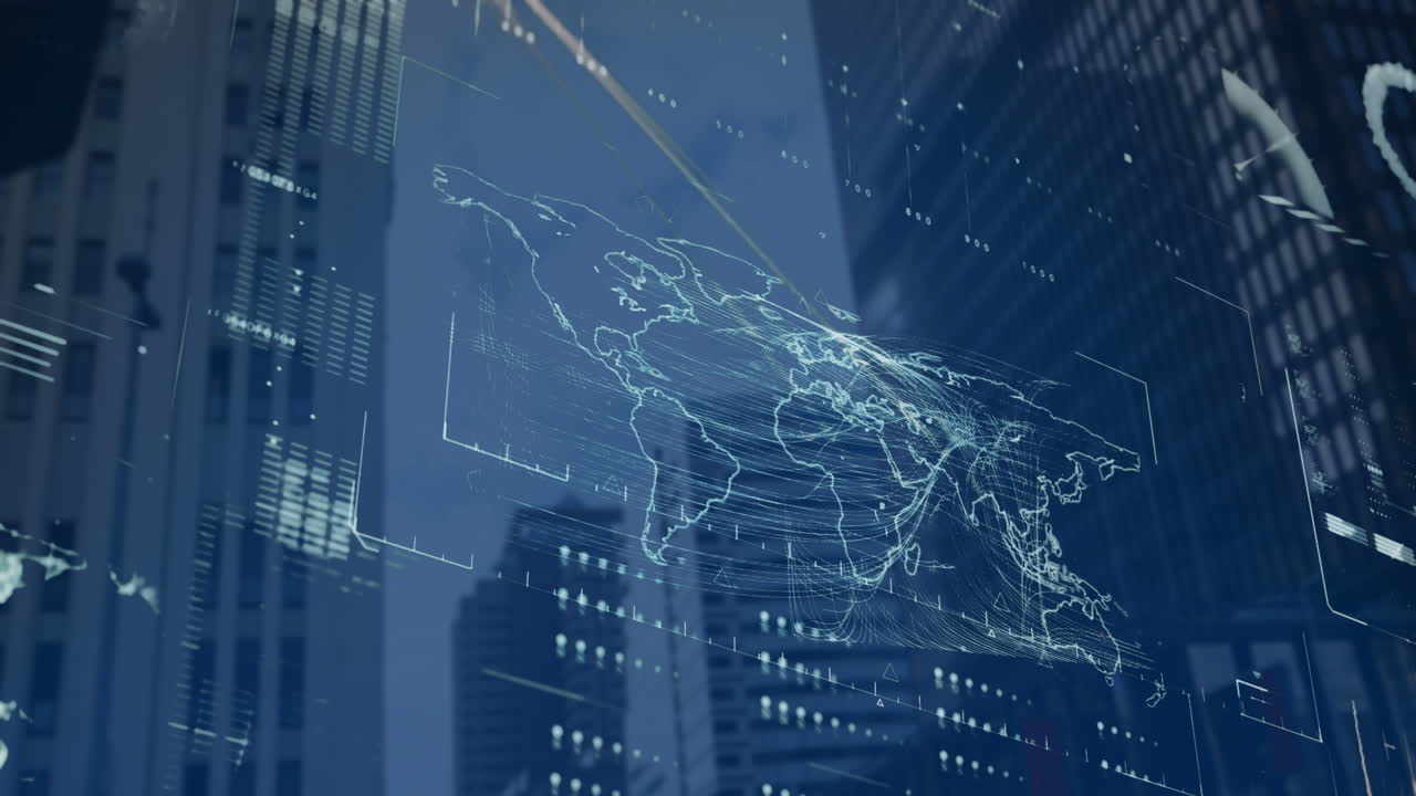 하늘을 배경으로 현대 건물 위의 지도, 지구, 로딩 바의 애니메이션