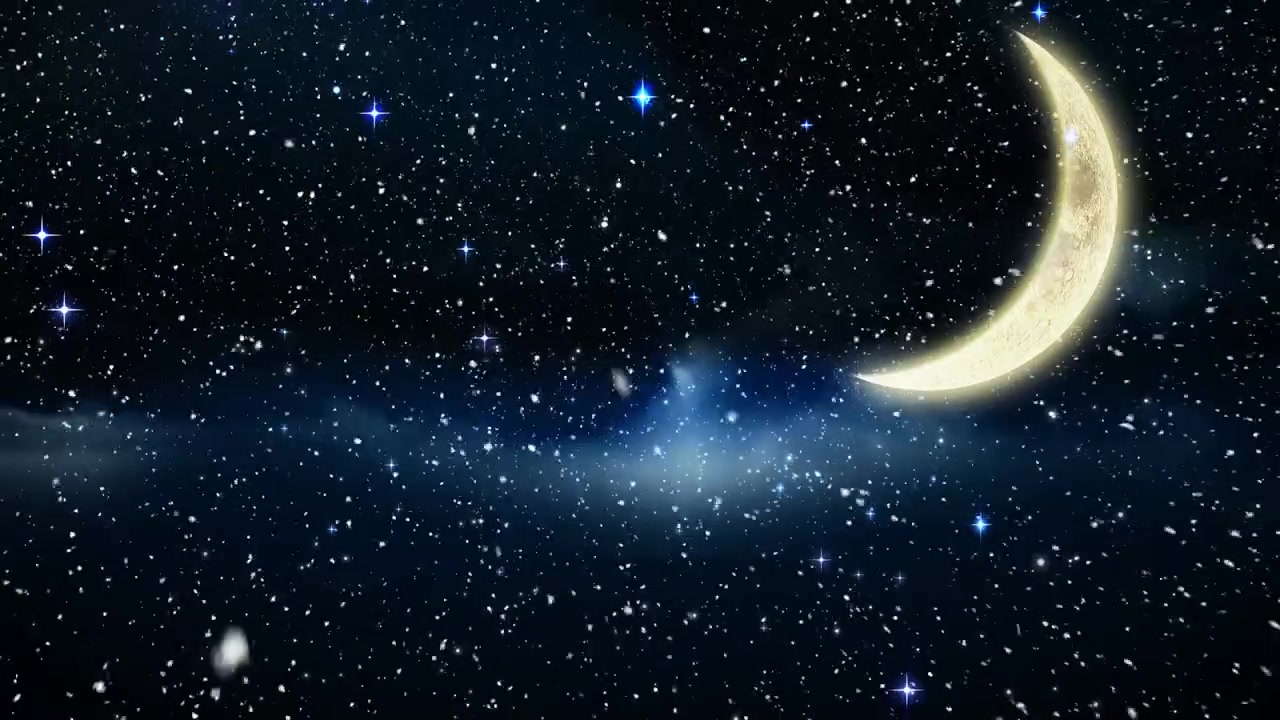 Animation of snow falling over night winter sky with moon