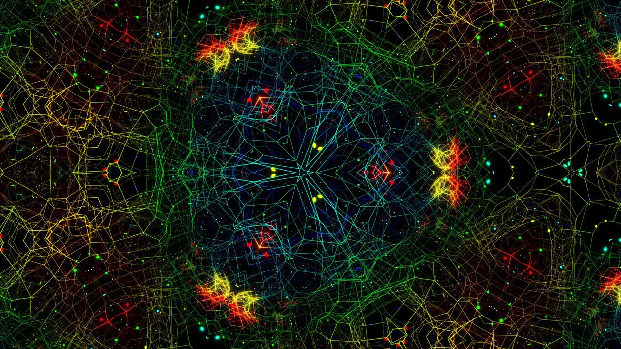 fondo de caleidoscopio de luz de neón de bucle 3d. líneas de brillo estructura de caleidoscope simétrica. bg moderno con estructura de cuadrícula. bg brillante con brillo de neón.