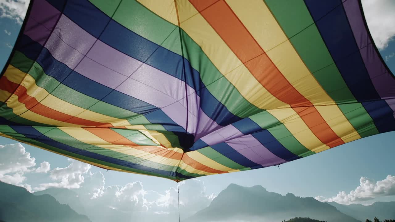 Grande vela arcobaleno che ondeggia e si increspa sotto le raffiche sopra una valle di montagna, rivelando le linee di sospensione