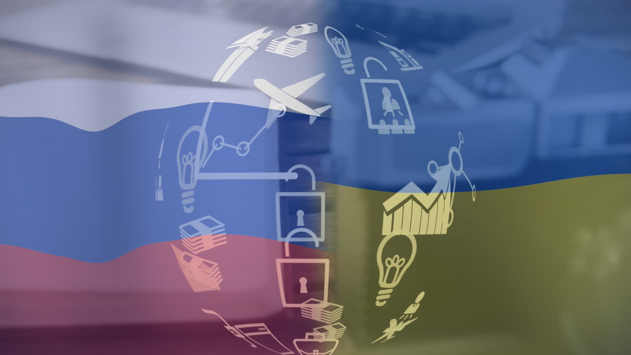 카메라, 그리고 나무 표면에 노트북에 대한 디지털 아이콘과 러시아 발의 지구의 애니메이션