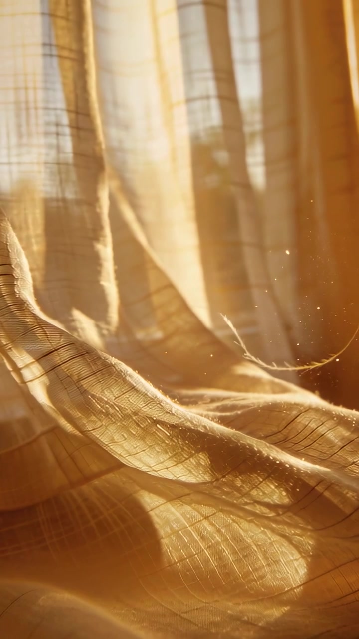 Video verticale: Brezza che accarezza la finestra della stanza, tenda velata che si solleva e ondeggia, piuma che fluttua.