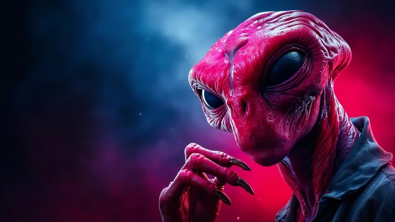 A man in a red alien suit with his hand on his chin