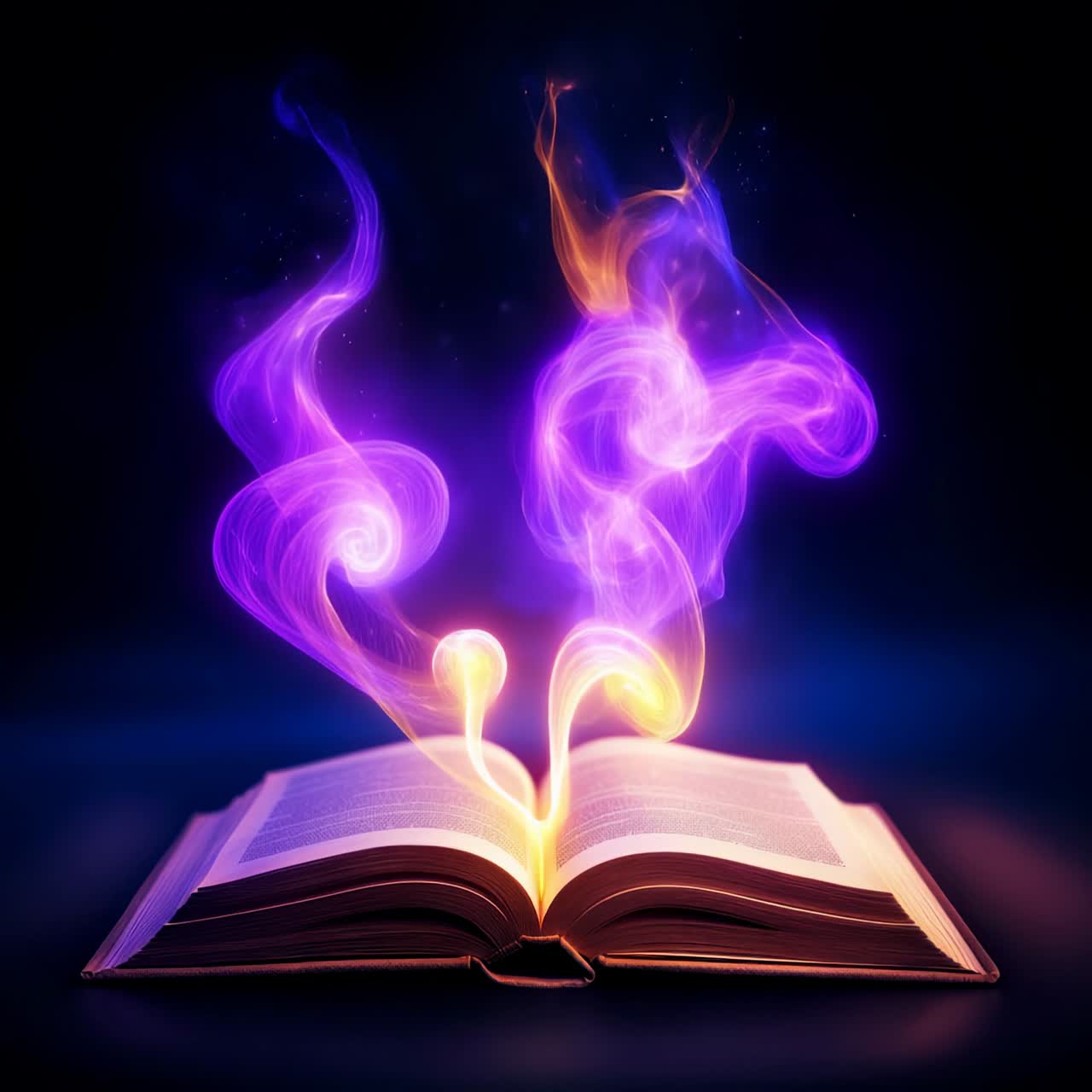 A mystical open book emits colorful, glowing wisps against a dark background