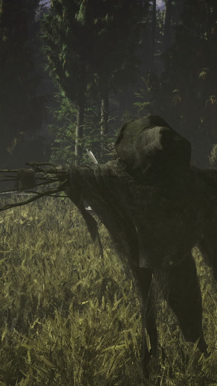 Mysterious figure carrying branches in a dense forest during twilight hours