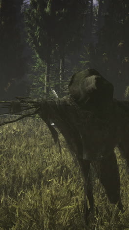 mysterious figure carrying branches in a dense forest during twilight hours