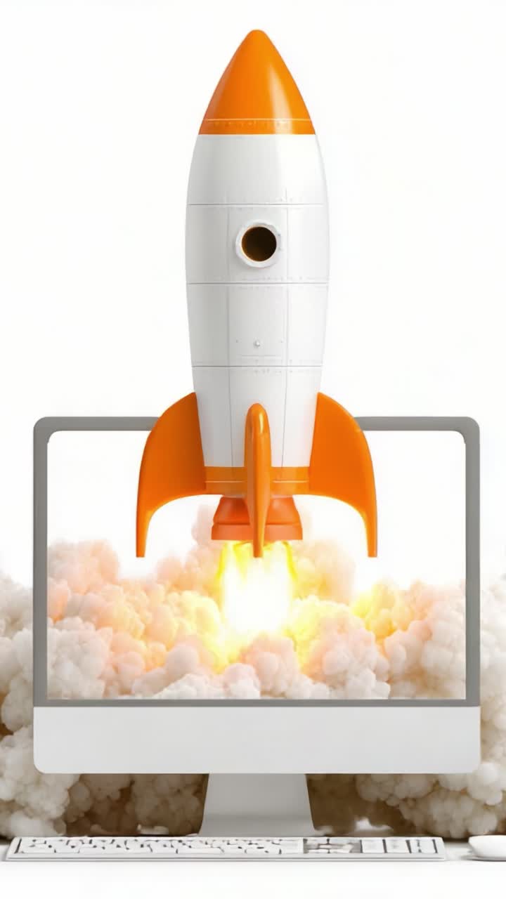 A Creative Journey: Illustrating the Launch of Digital Innovation through a Stylized Rocket Propelling from a Computer Screen Amidst Explosive Smoke Clouds