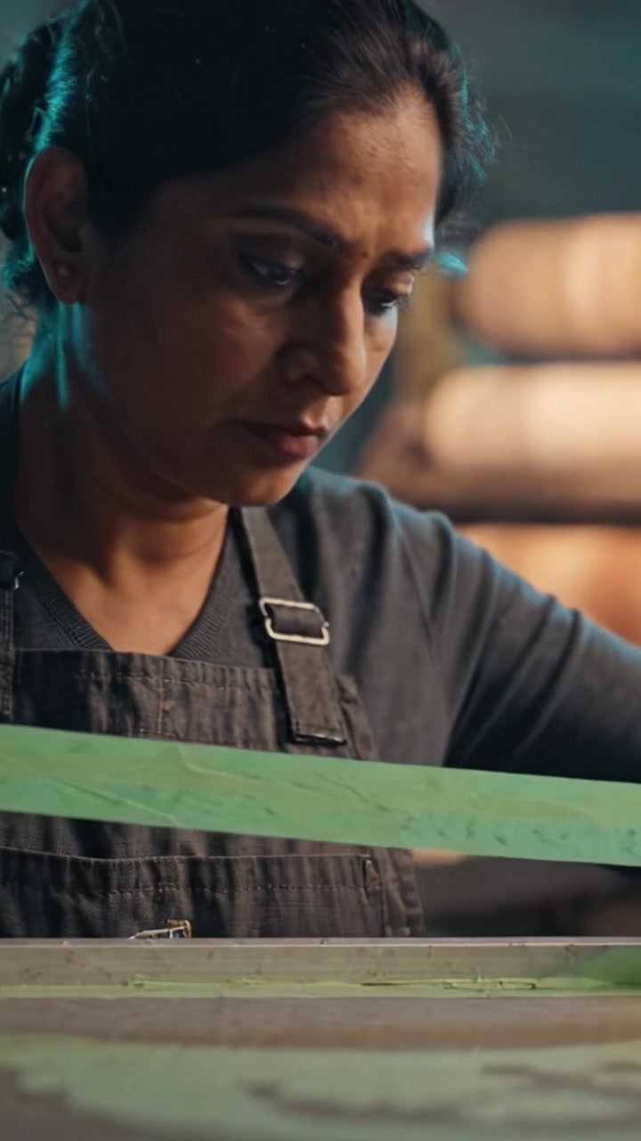 A skilled artisan meticulously crafts intricate designs using green tape, showcasing dedication and precision in her craftsmanship and artistic expression in the workshop.