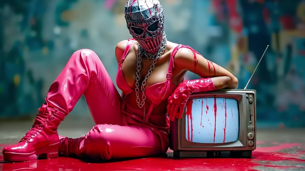 A woman in a pink latex outfit sitting on the ground next to a television
