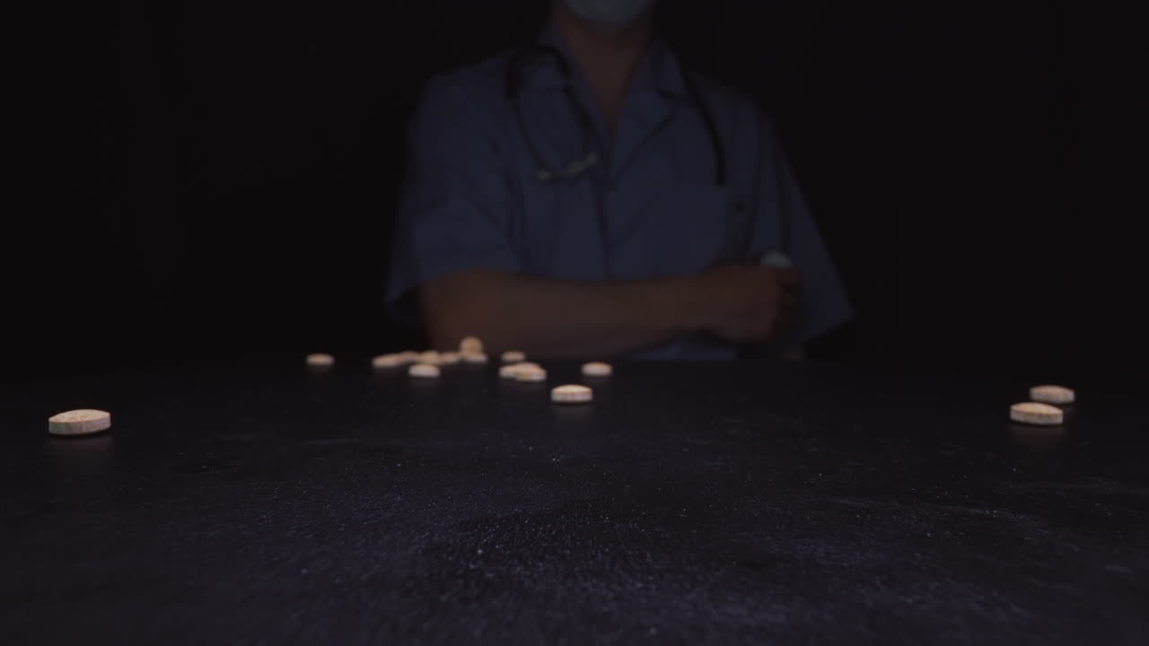 한 사람 이 검은색 표면 에 베이지색 의약품 태블릿 을  ⁇ 아 놓는다