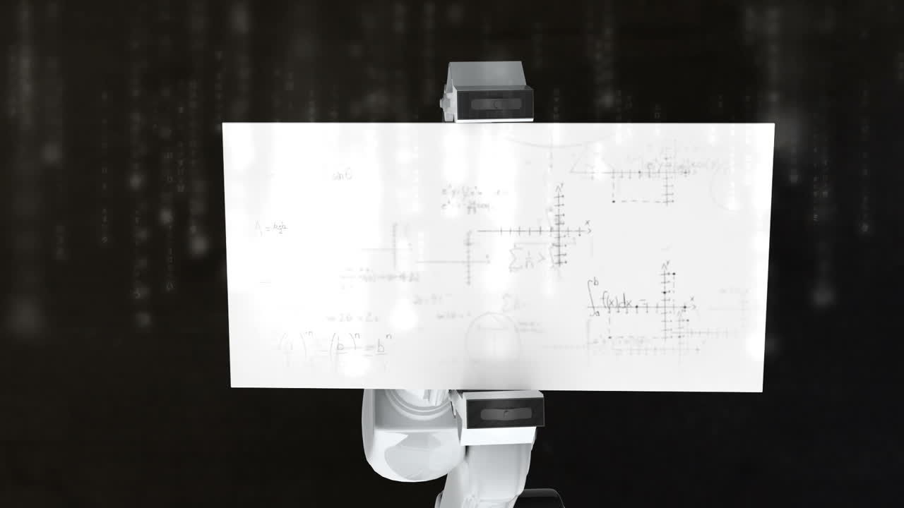 Digitally generated video of white robotic arm holding card with mathematical formula