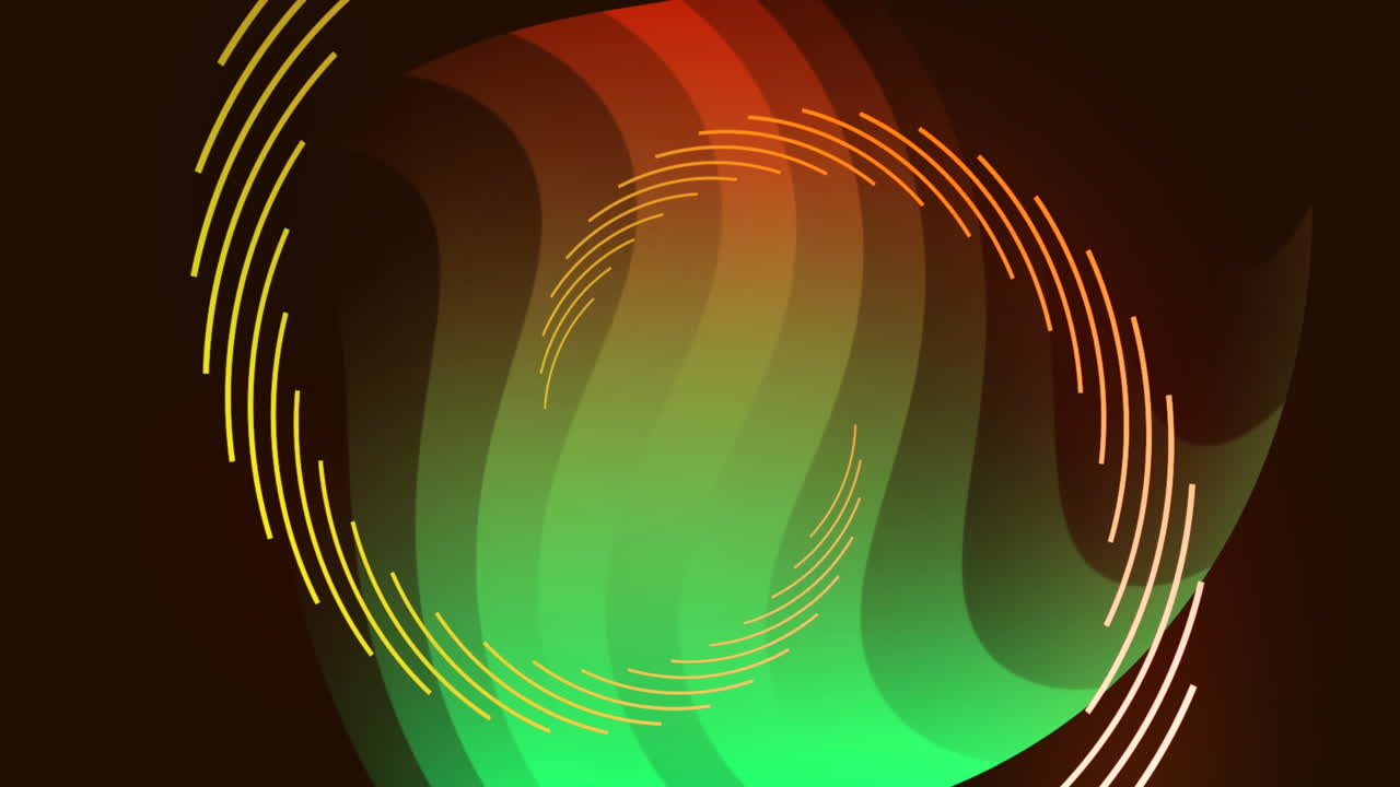 animación de formas en espiral en naranja y verde girando sobre fondo negro