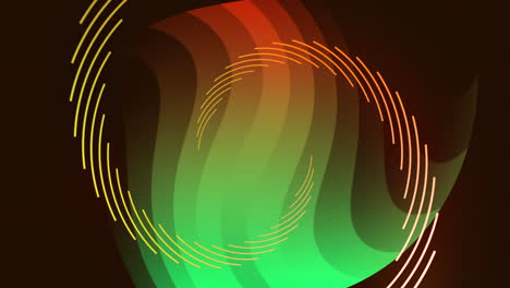 animation of spiral shapes in orange and green rotating on black background